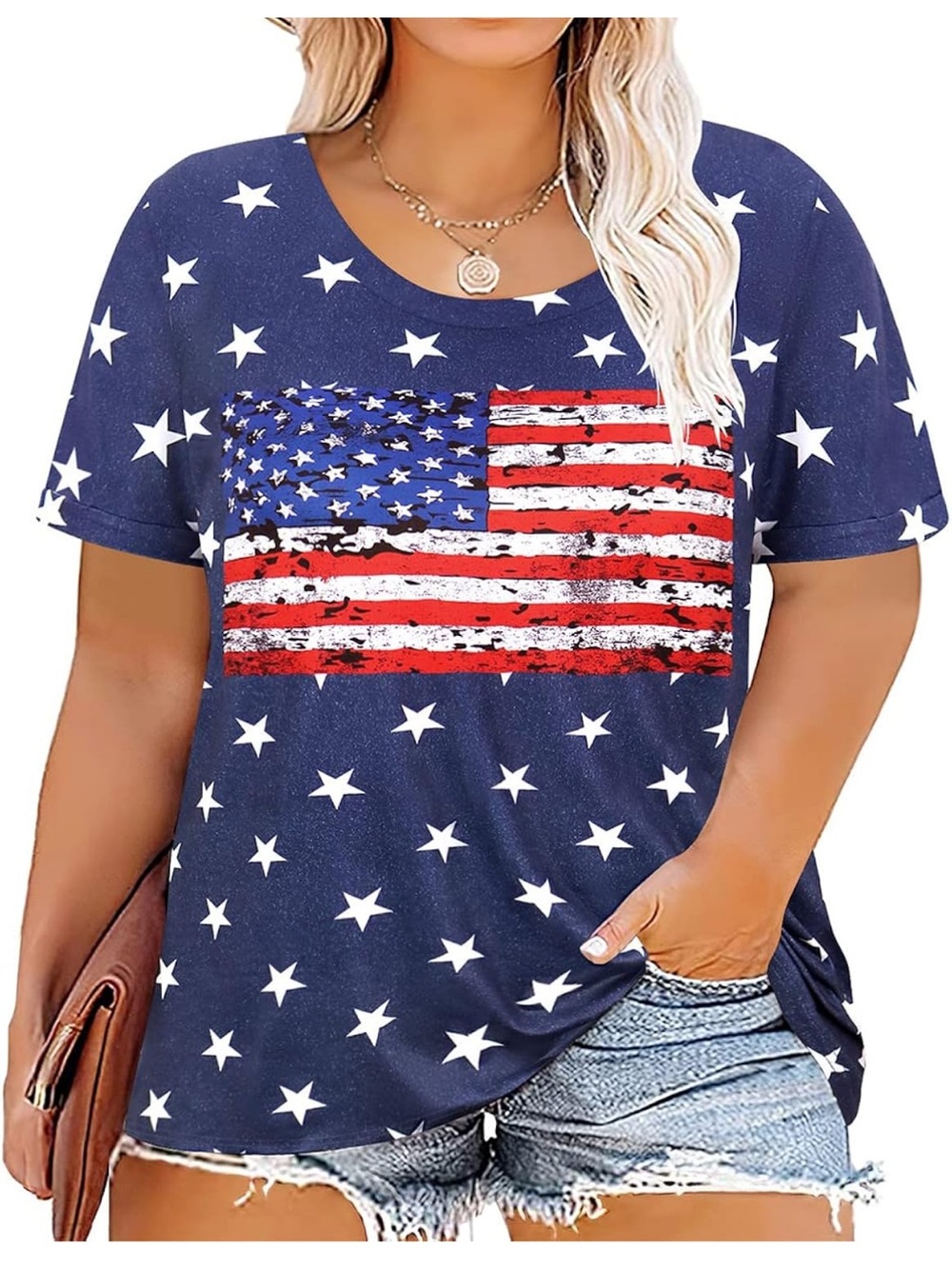 Patriotic Star Print Tee - Navy Blue American Flag Women's Top size M